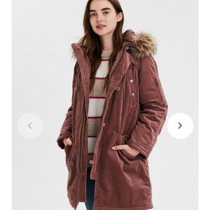 American Eagle Brown Corduroy Parka Jacket Womens Size L Faux Fur Hood NWT